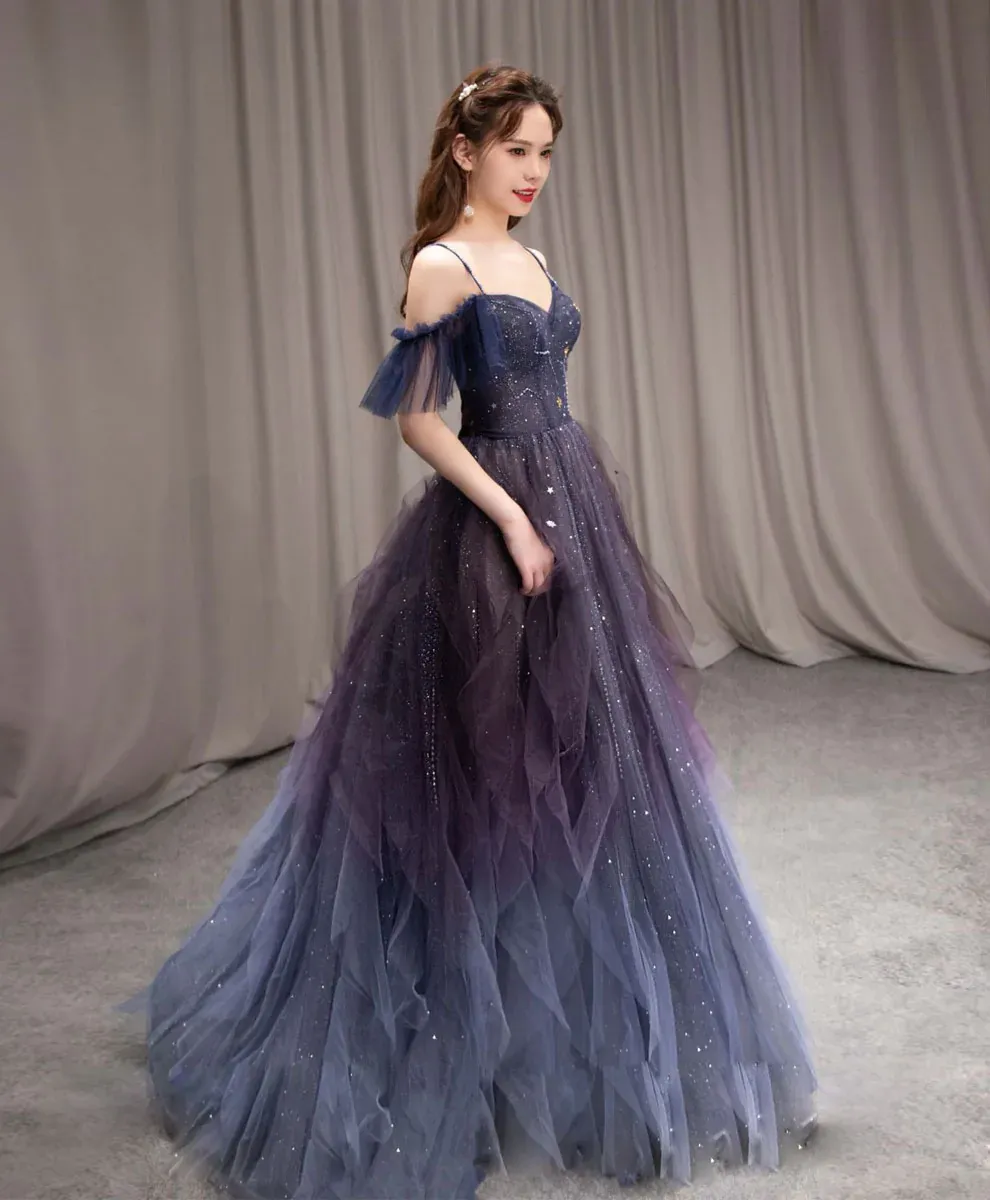 Navy Blue Tulle Long Prom Dress A-line Navy Blue Formal Party Dresses Graduation Dresses LO9321