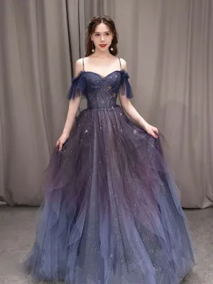 Navy Blue Tulle Long Prom Dress A-line Navy Blue Formal Party Dresses Graduation Dresses LO9321