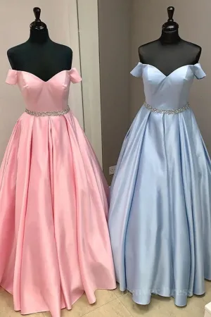 Off Shoulder Blue Long Prom Dresses with Belt Pink Formal Dresses Blue Evening Dresses