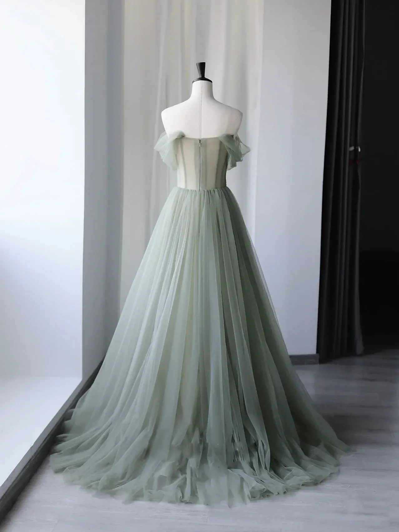 Off Shoulder Tulle Gray Green Long Prom Dress Beautiful Formal Graduation Dresses LOP350