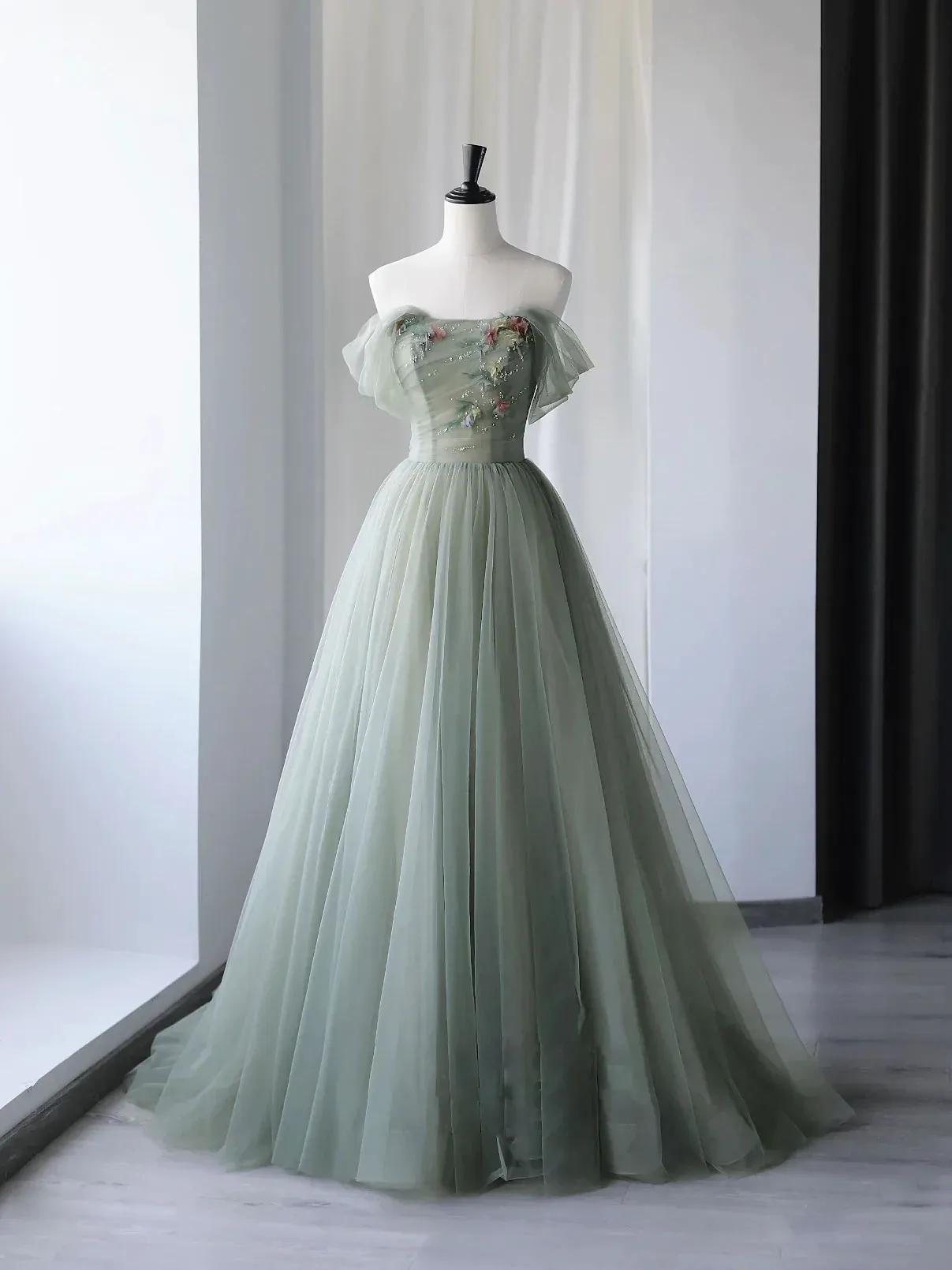 Off Shoulder Tulle Gray Green Long Prom Dress Beautiful Formal Graduation Dresses LOP350