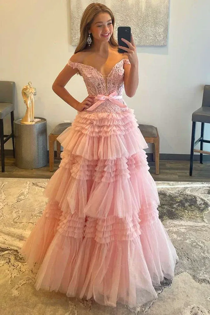 Off-the-shoulder Glitter Tulle Ball Gowns Lace Long Prom Dress Layered Evening Dress SED293