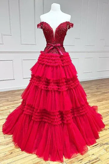 Off-the-shoulder Glitter Tulle Ball Gowns Lace Long Prom Dress Layered Evening Dress SED293