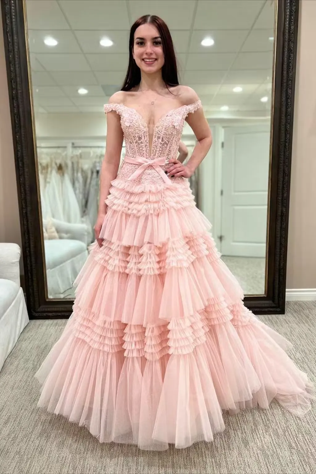 Off-the-shoulder Glitter Tulle Ball Gowns Lace Long Prom Dress Layered Evening Dress SED293