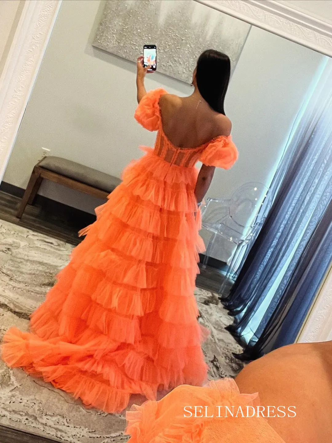 Off-the-shoulder Orange Ruffles Tulle Long Prom Dress With Slit lpk923