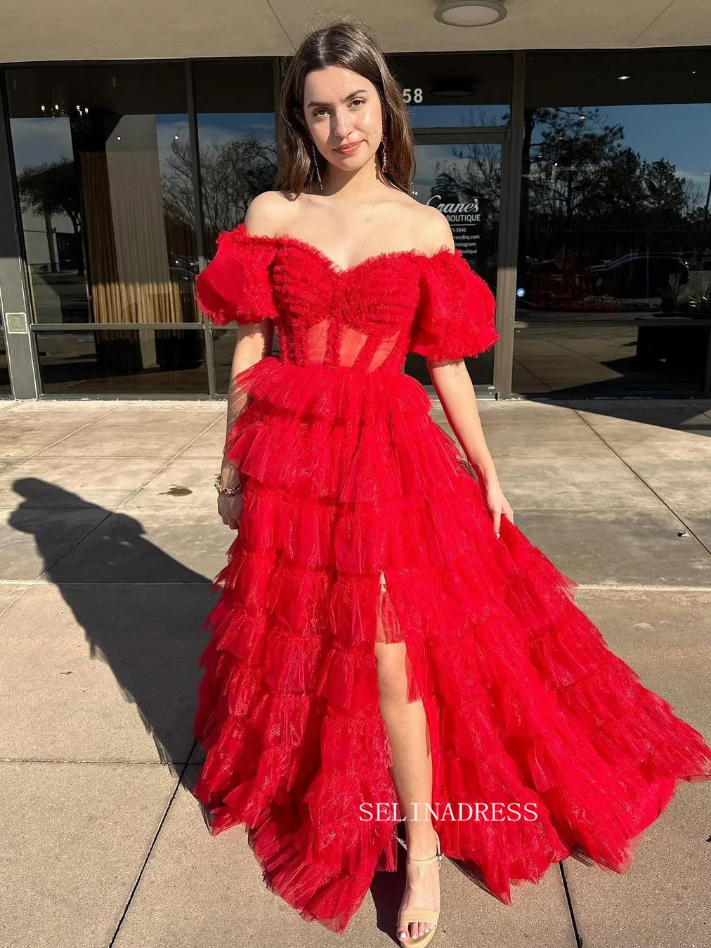 Off-the-shoulder Orange Ruffles Tulle Long Prom Dress With Slit lpk923