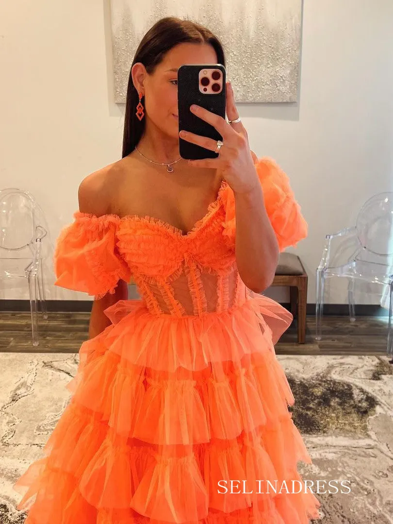 Off-the-shoulder Orange Ruffles Tulle Long Prom Dress With Slit lpk923