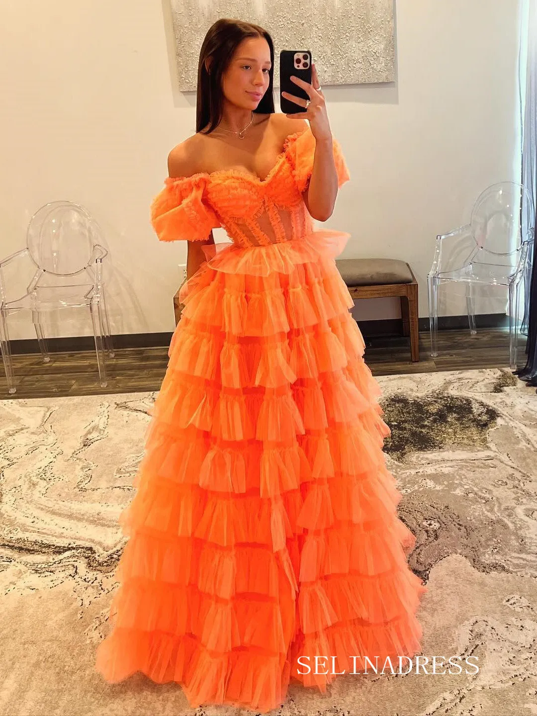 Off-the-shoulder Orange Ruffles Tulle Long Prom Dress With Slit lpk923