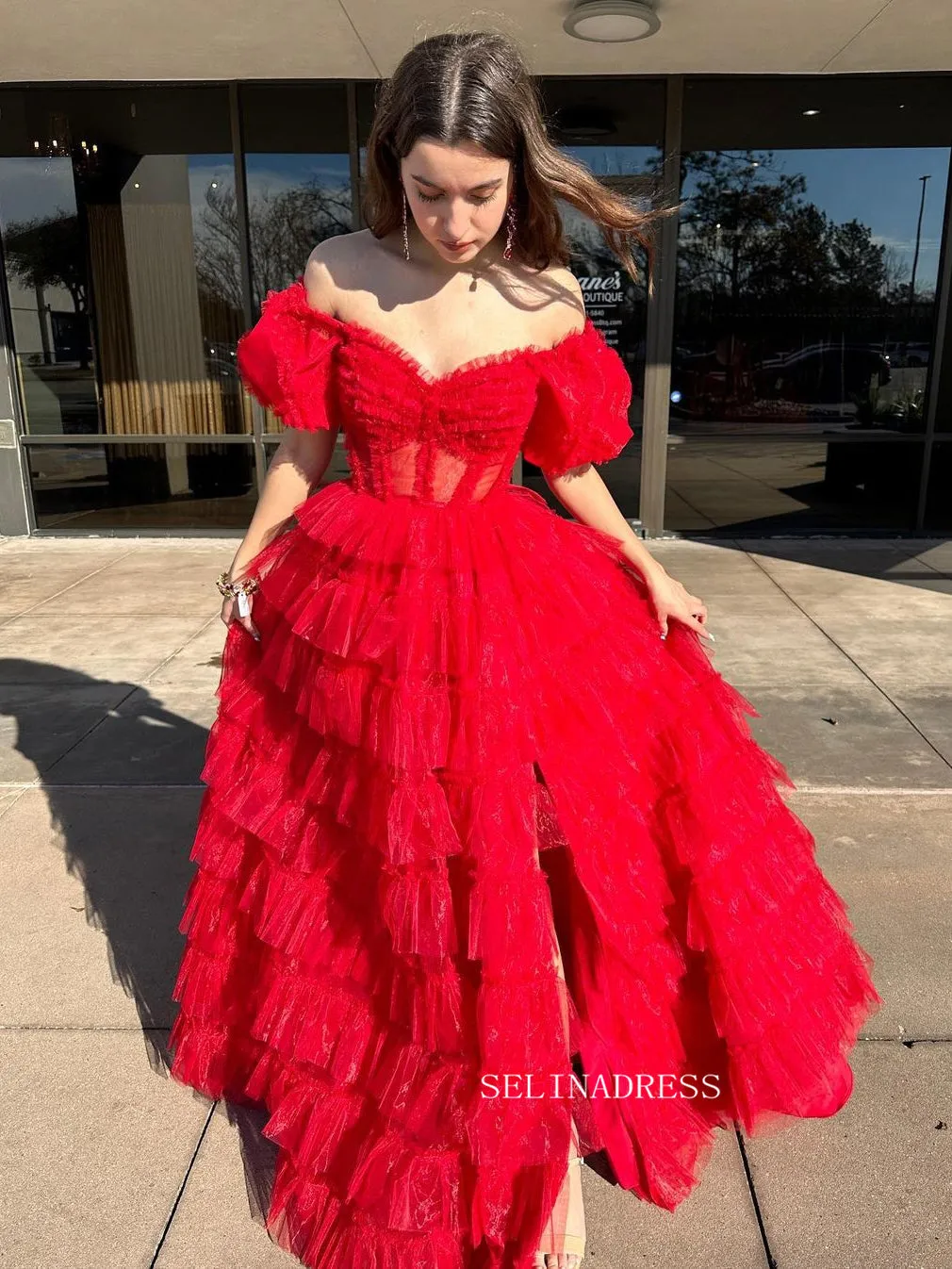 Off-the-shoulder Orange Ruffles Tulle Long Prom Dress With Slit lpk923