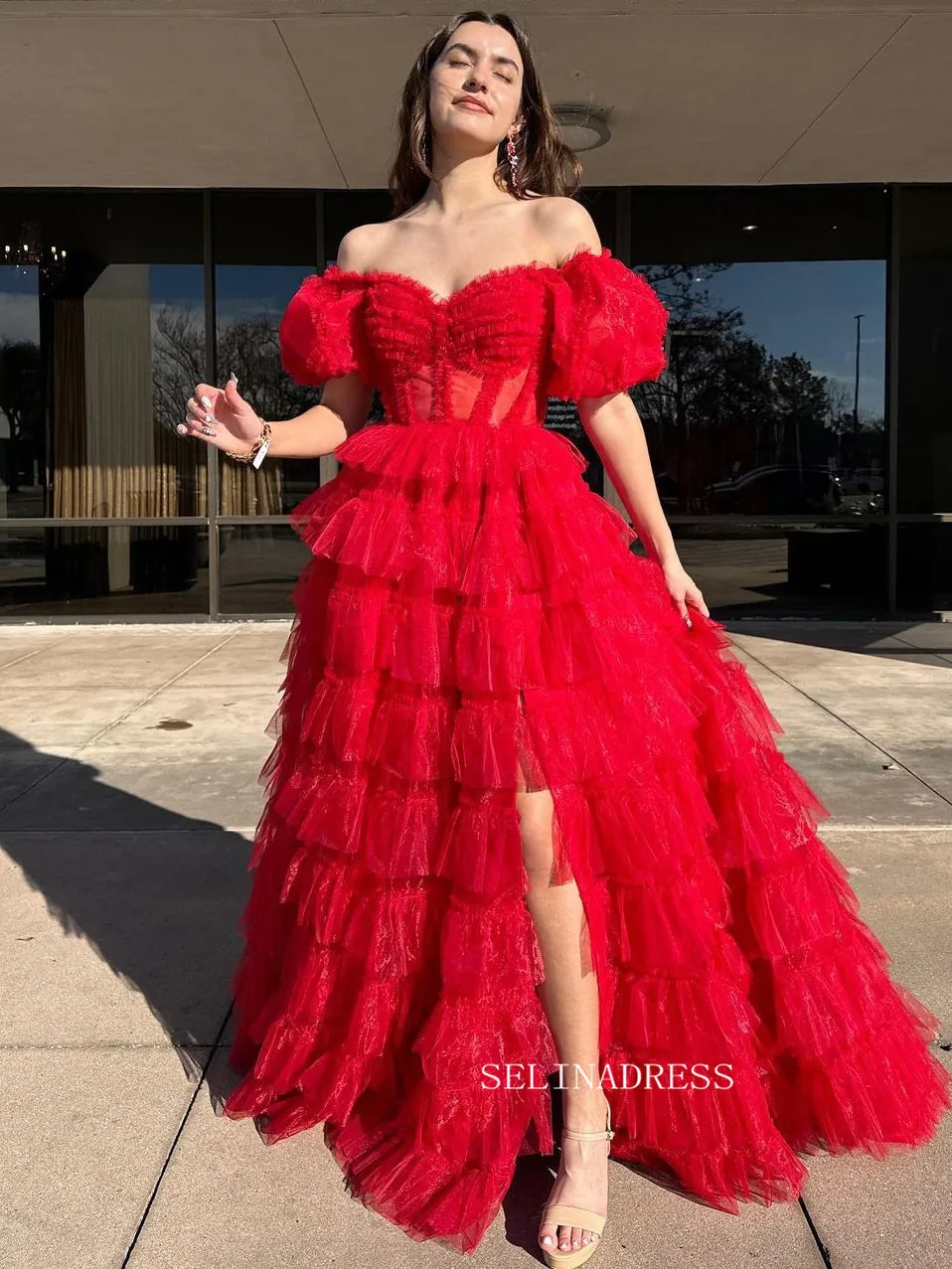 Off-the-shoulder Orange Ruffles Tulle Long Prom Dress With Slit lpk923