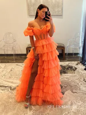 Off-the-shoulder Orange Ruffles Tulle Long Prom Dress With Slit lpk923