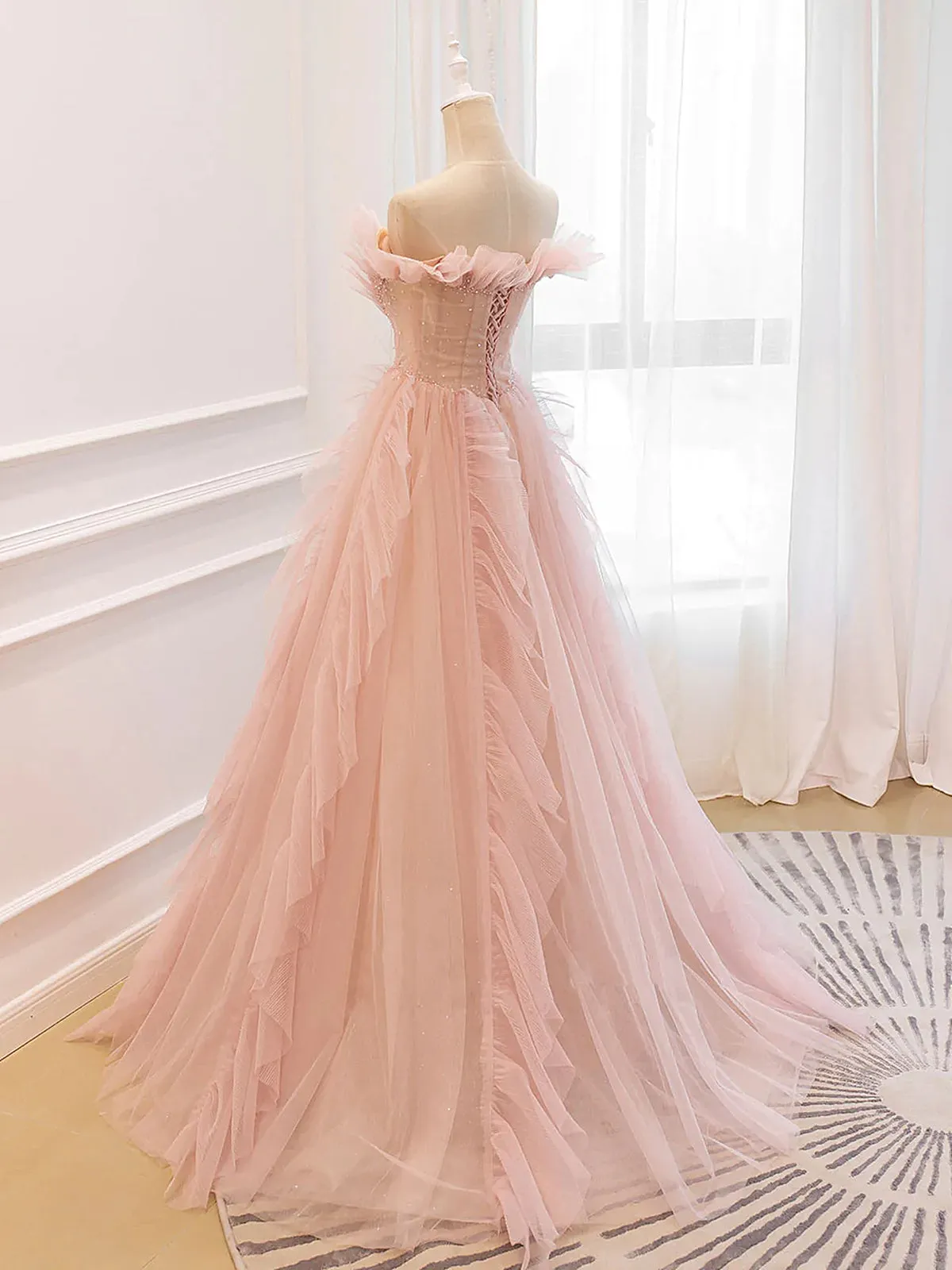 Off the Shoulder Pink Tulle Beaded Long Prom Dresses Pink Tulle Long Formal Dress