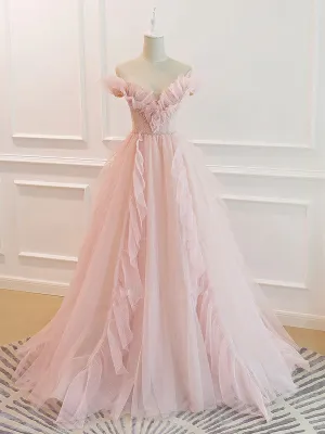 Off the Shoulder Pink Tulle Beaded Long Prom Dresses Pink Tulle Long Formal Dress