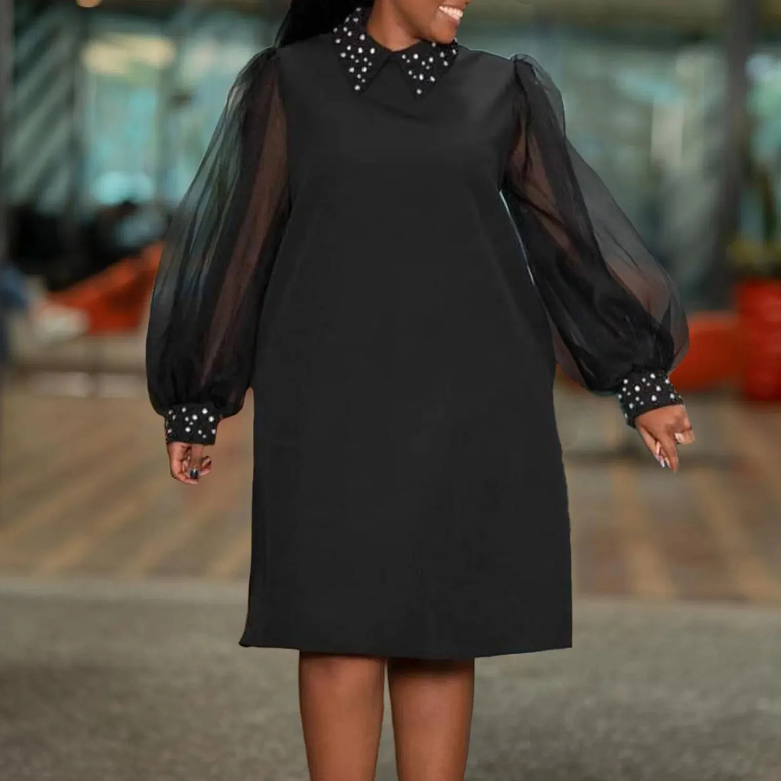 Office Ladies Turn Down Collar Full Sleeve Straight Knee Length Business Chic Work Casual Fashion Dress