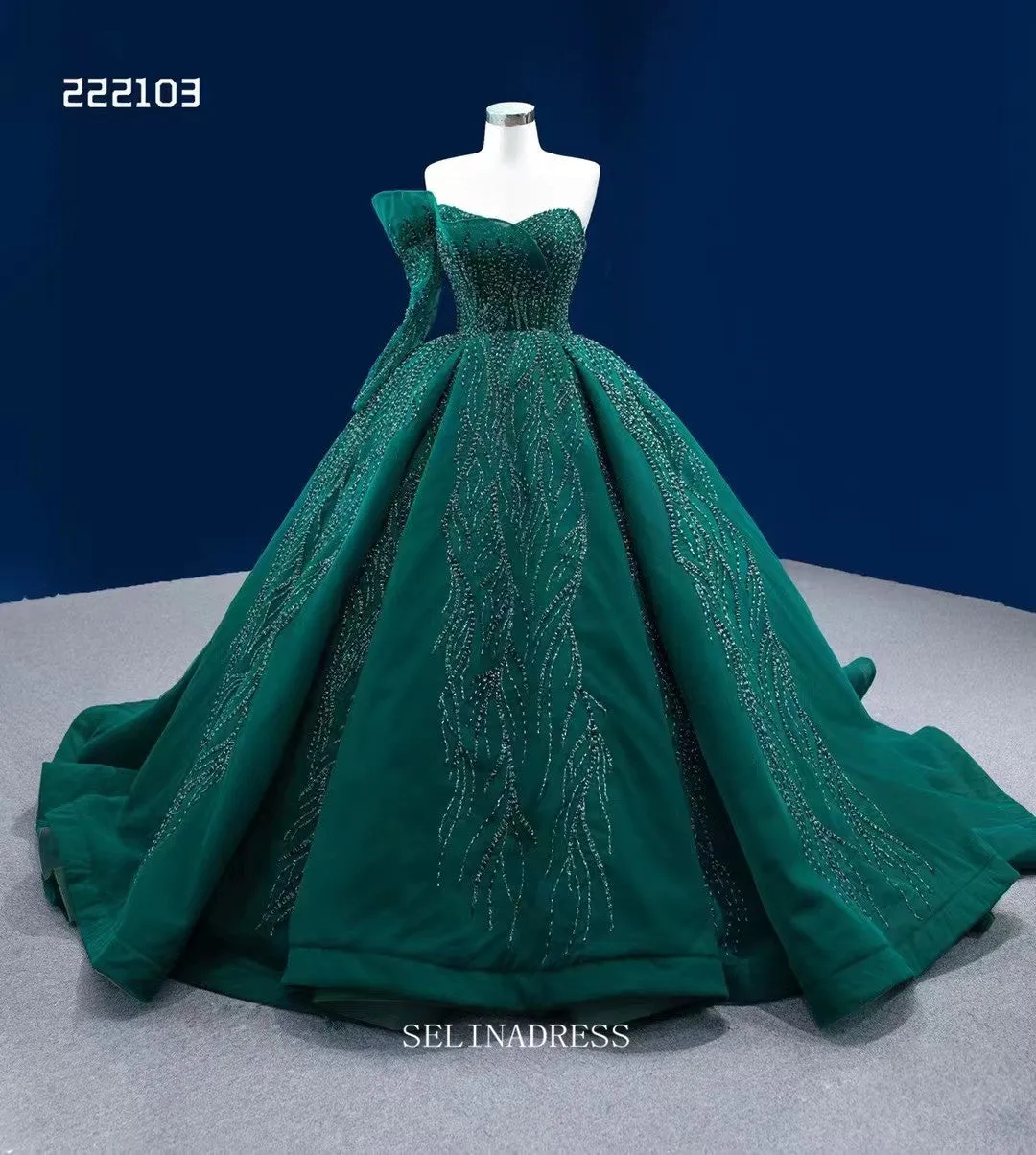 One Shoulder Dark Green Prom Dress Ball Gown Beaded Pageant Dress RSM222103