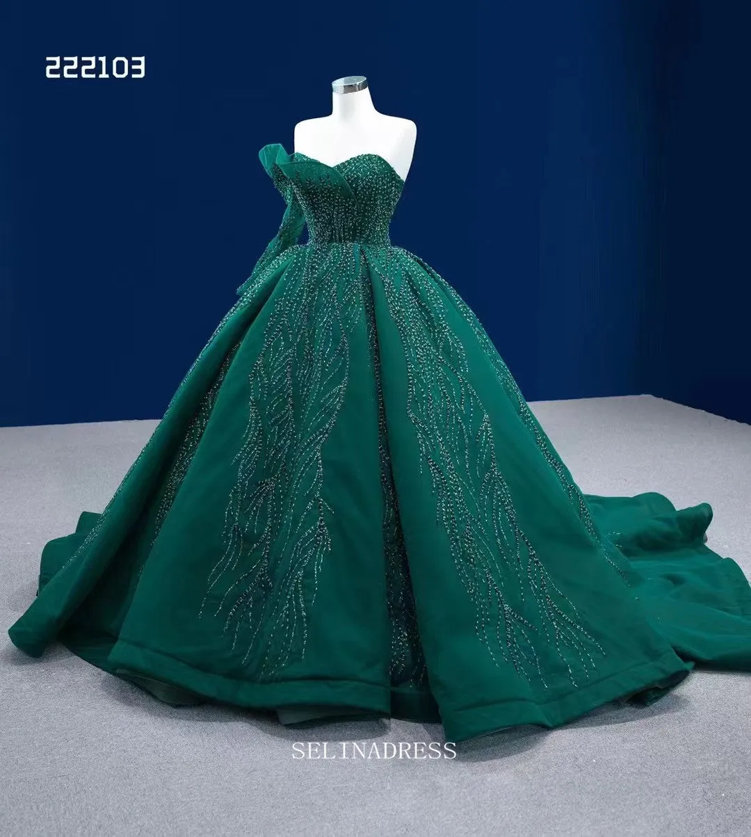 One Shoulder Dark Green Prom Dress Ball Gown Beaded Pageant Dress RSM222103