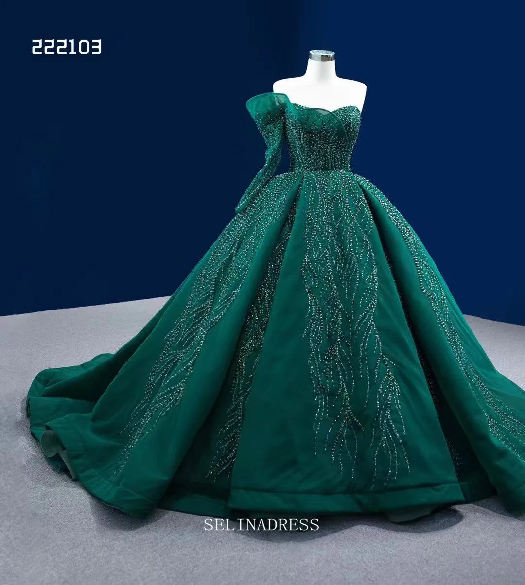 One Shoulder Dark Green Prom Dress Ball Gown Beaded Pageant Dress RSM222103