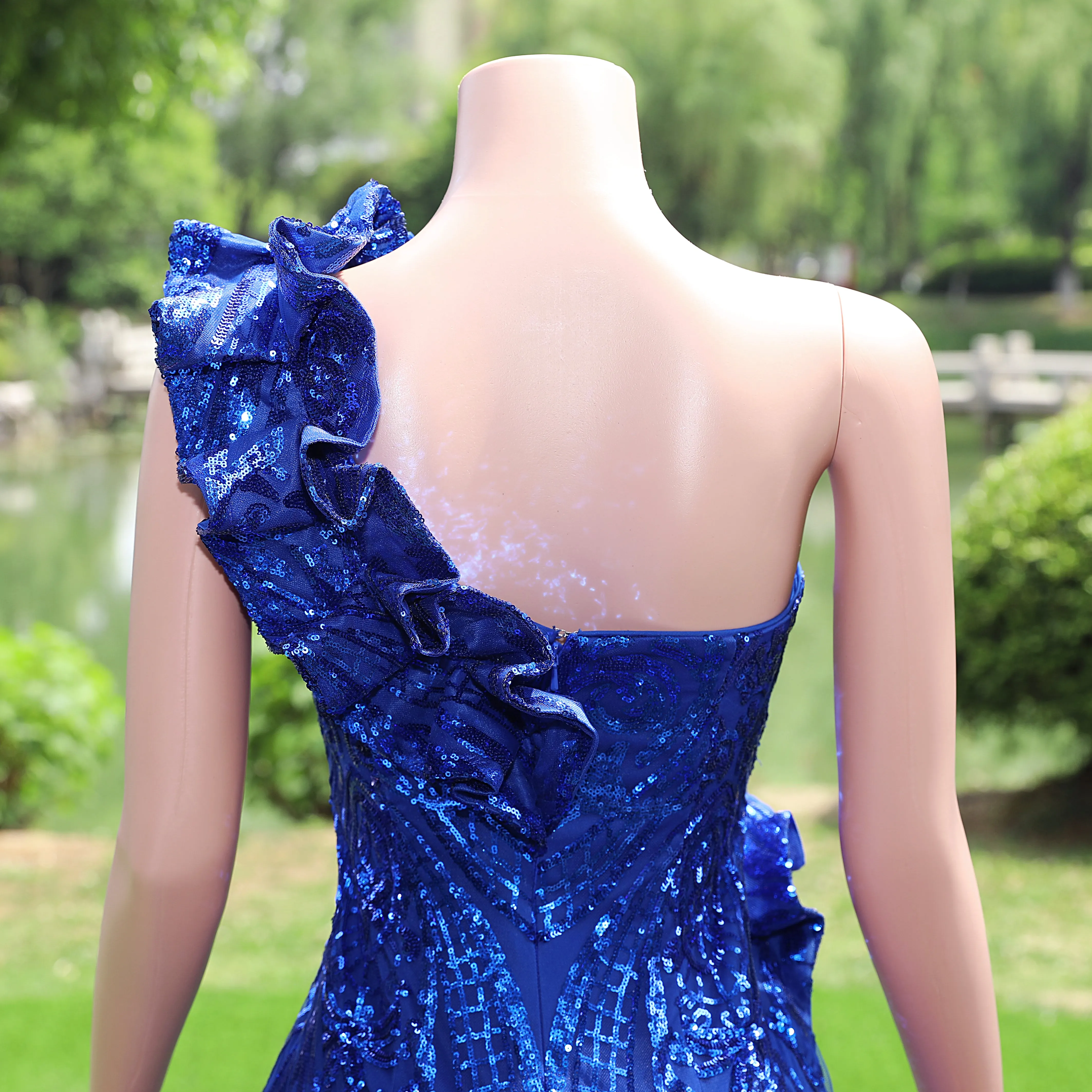 One Shoulder Royal Blue Prom Dresses Sequin Long Fromal Dresses