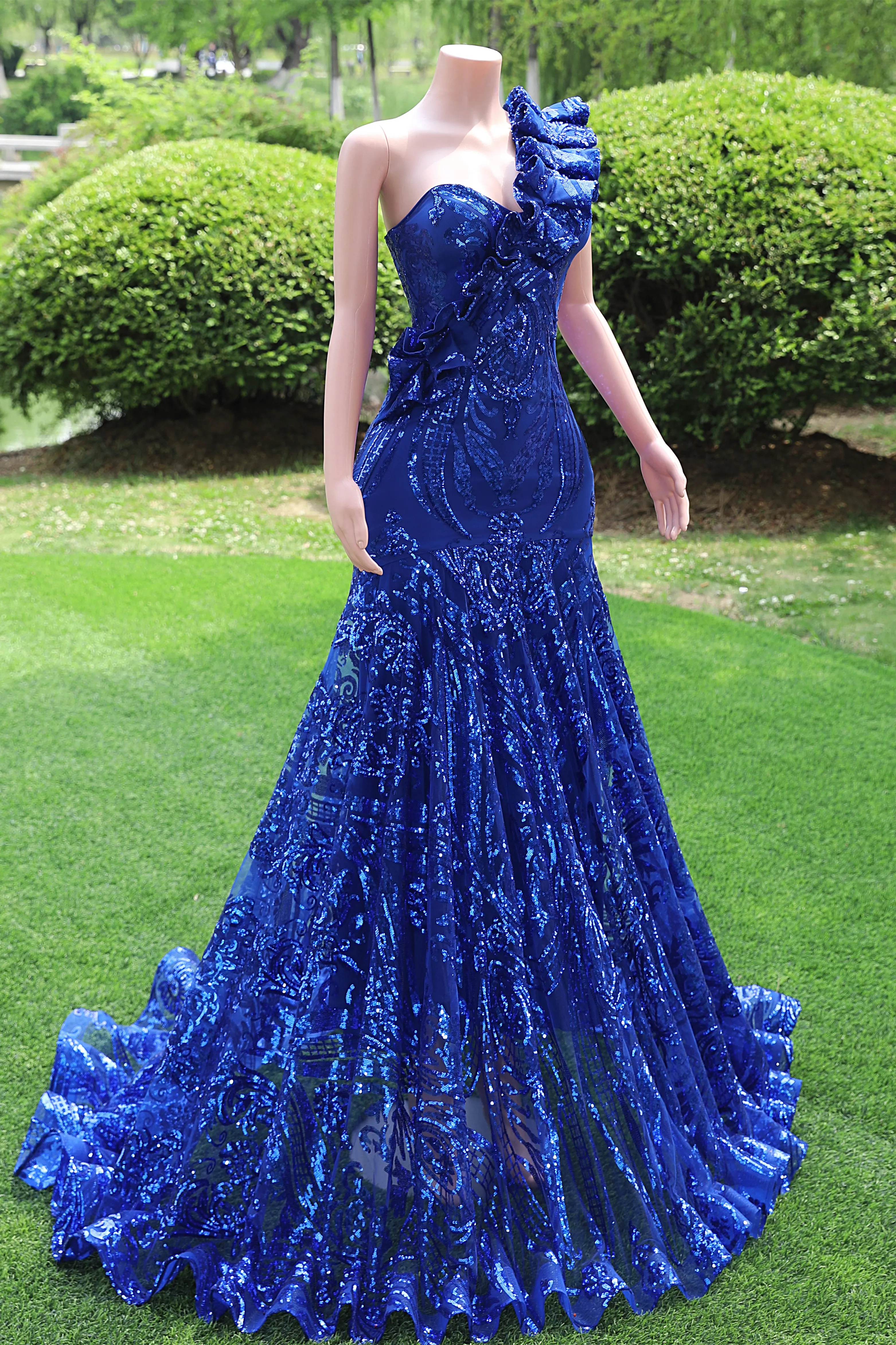 One Shoulder Royal Blue Prom Dresses Sequin Long Fromal Dresses