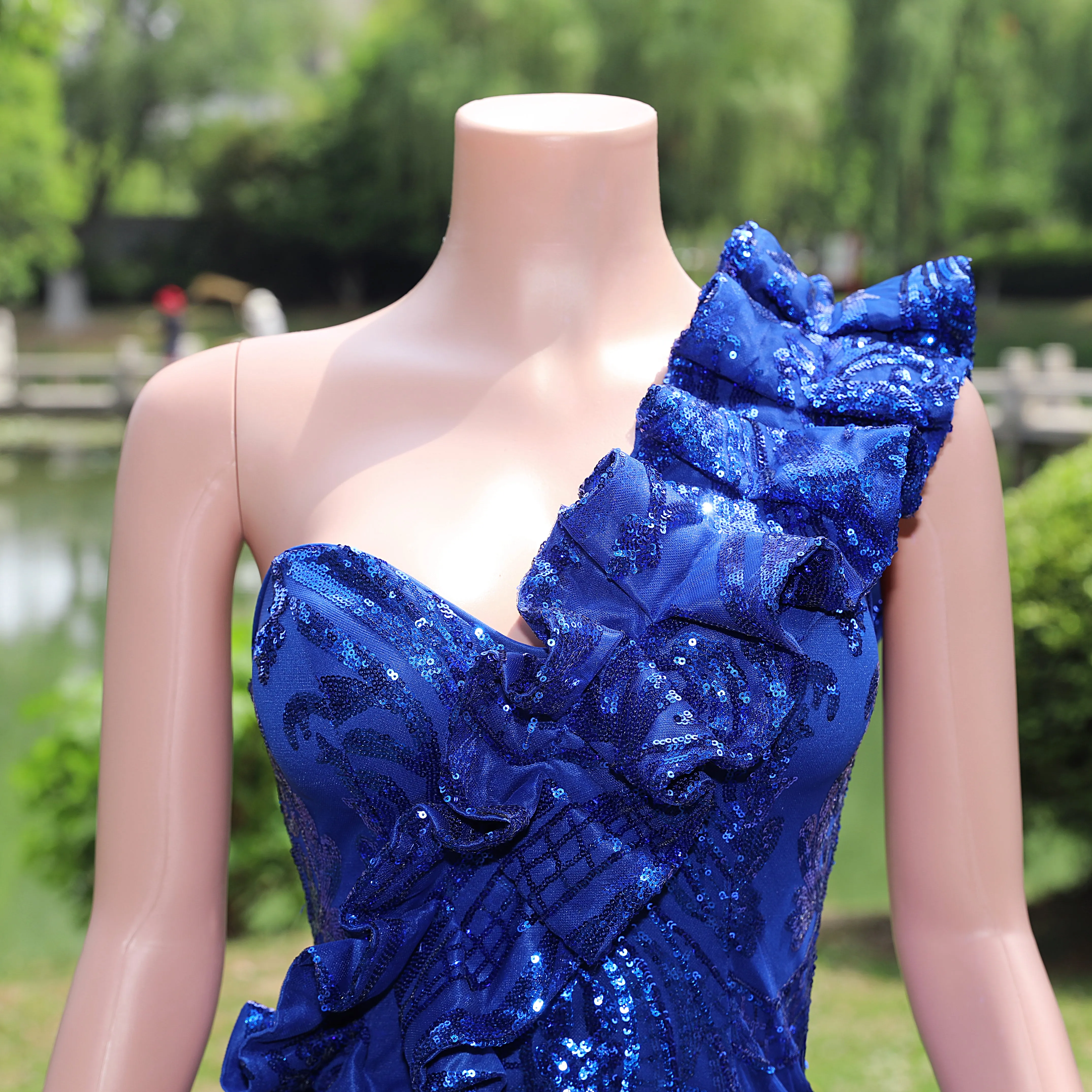 One Shoulder Royal Blue Prom Dresses Sequin Long Fromal Dresses