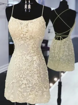 Open Back Short Yellow Lace Prom Dresses Short Backless Yellow Lace Formal Homecoming Dresses