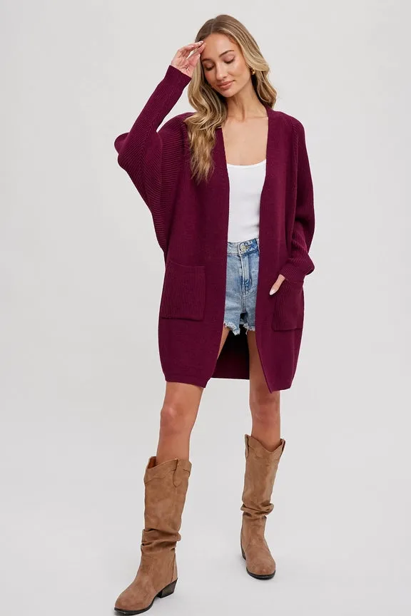 Open Front Batwing Sleeve Cardigan Plum