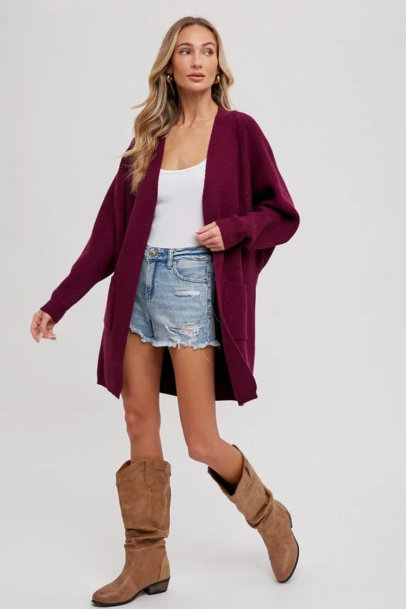 Open Front Batwing Sleeve Cardigan Plum