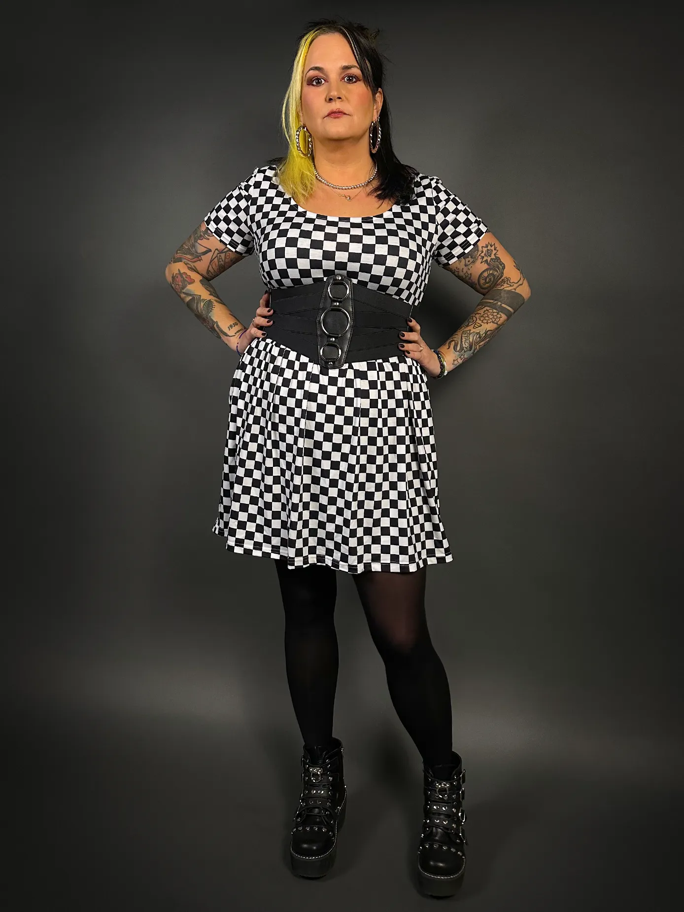 Outfit Set - Tommyrot Checkered Short Sleeve Skater Dress & Three O-ring Front Detail Corset Belt