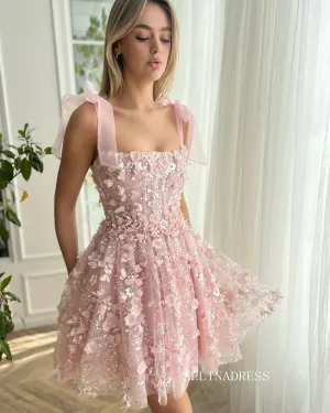 Pink Floral Short Prom Dress Sequins Homecoming Dresses #sea068