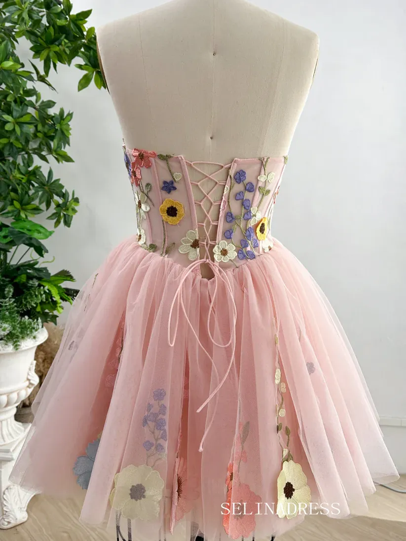 Pink Flower Homecoming Dress Short Sleeve Tulle Short Prom Dress EWR407