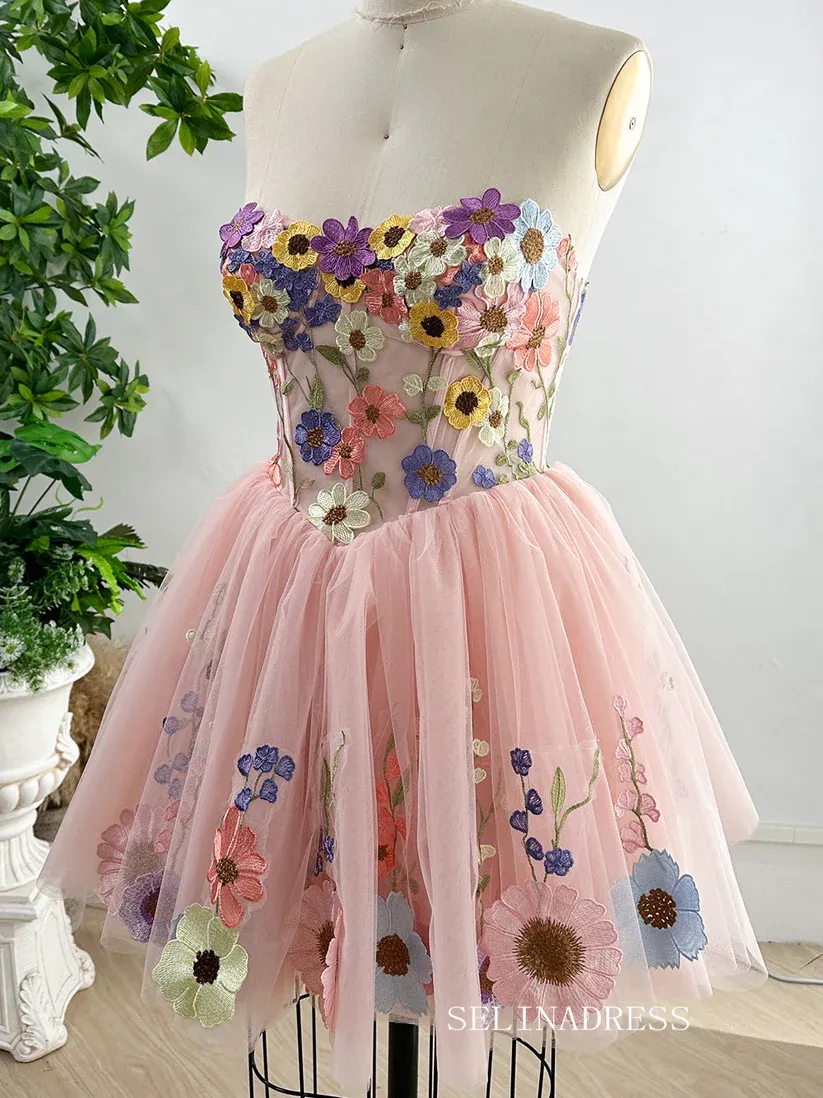 Pink Flower Homecoming Dress Short Sleeve Tulle Short Prom Dress EWR407