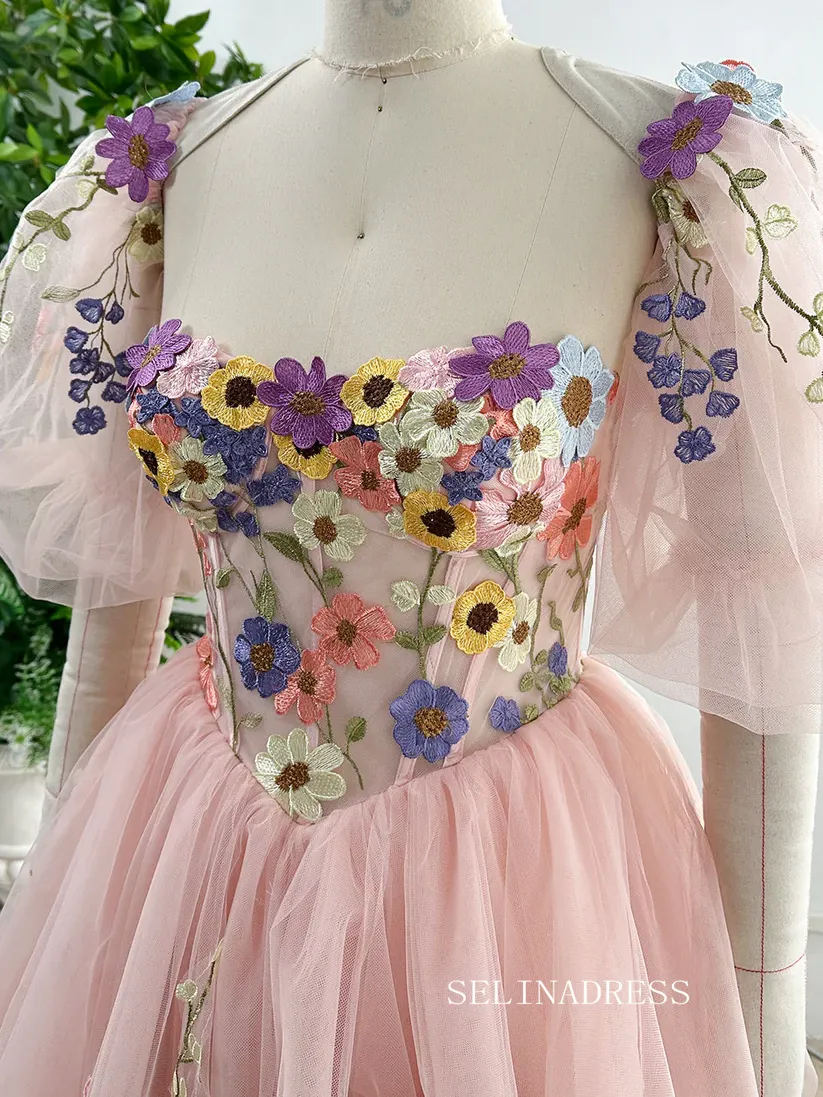 Pink Flower Homecoming Dress Short Sleeve Tulle Short Prom Dress EWR407