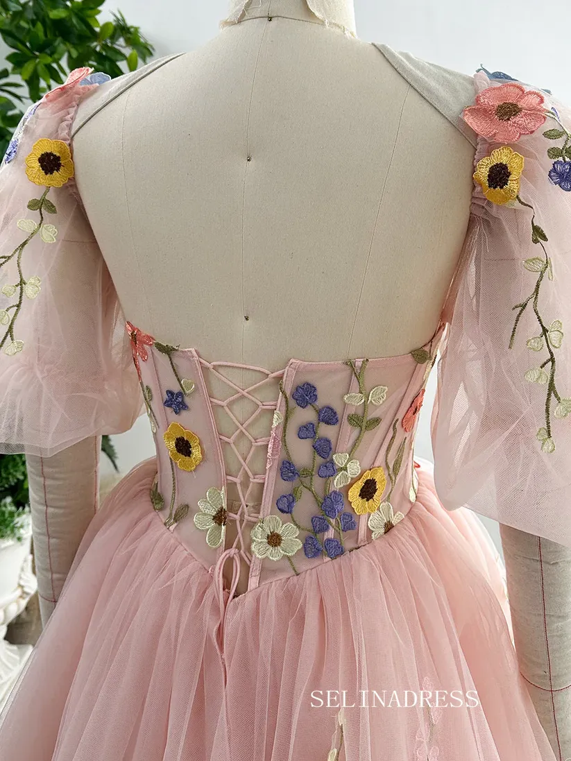 Pink Flower Homecoming Dress Short Sleeve Tulle Short Prom Dress EWR407