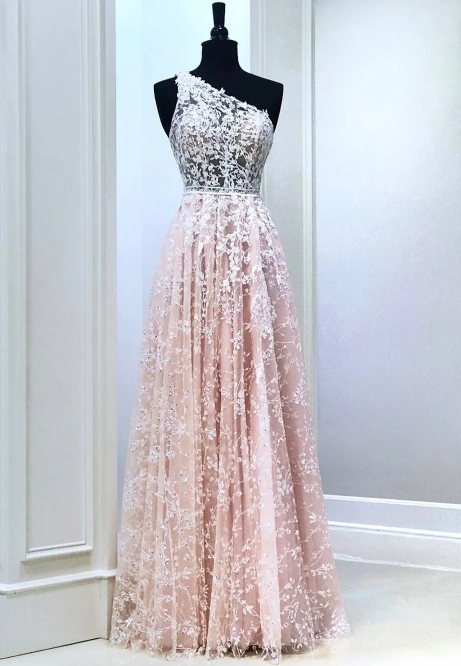 Pink Lace Long Prom Dresses One Shoulder Evening Party Dresses