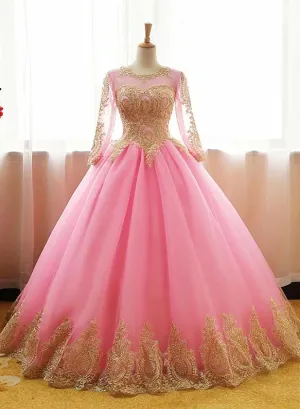 Pink Long Sleeves Tulle Round Neckline Sweet 16 Dresses, Pink Formal Gown