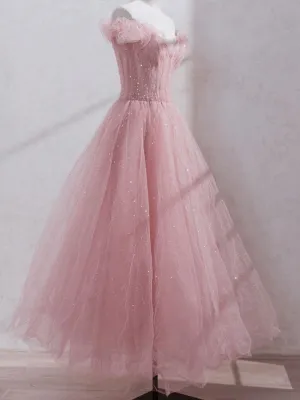 Pink Off Shoulder Tulle Tea Length Prom Dress,Pink Tulle Wedding Party Dresses