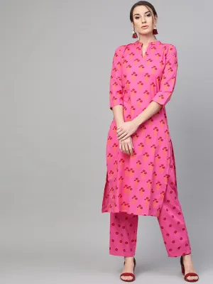 Pink Printed Cotton Kurta Set With Straight Pant