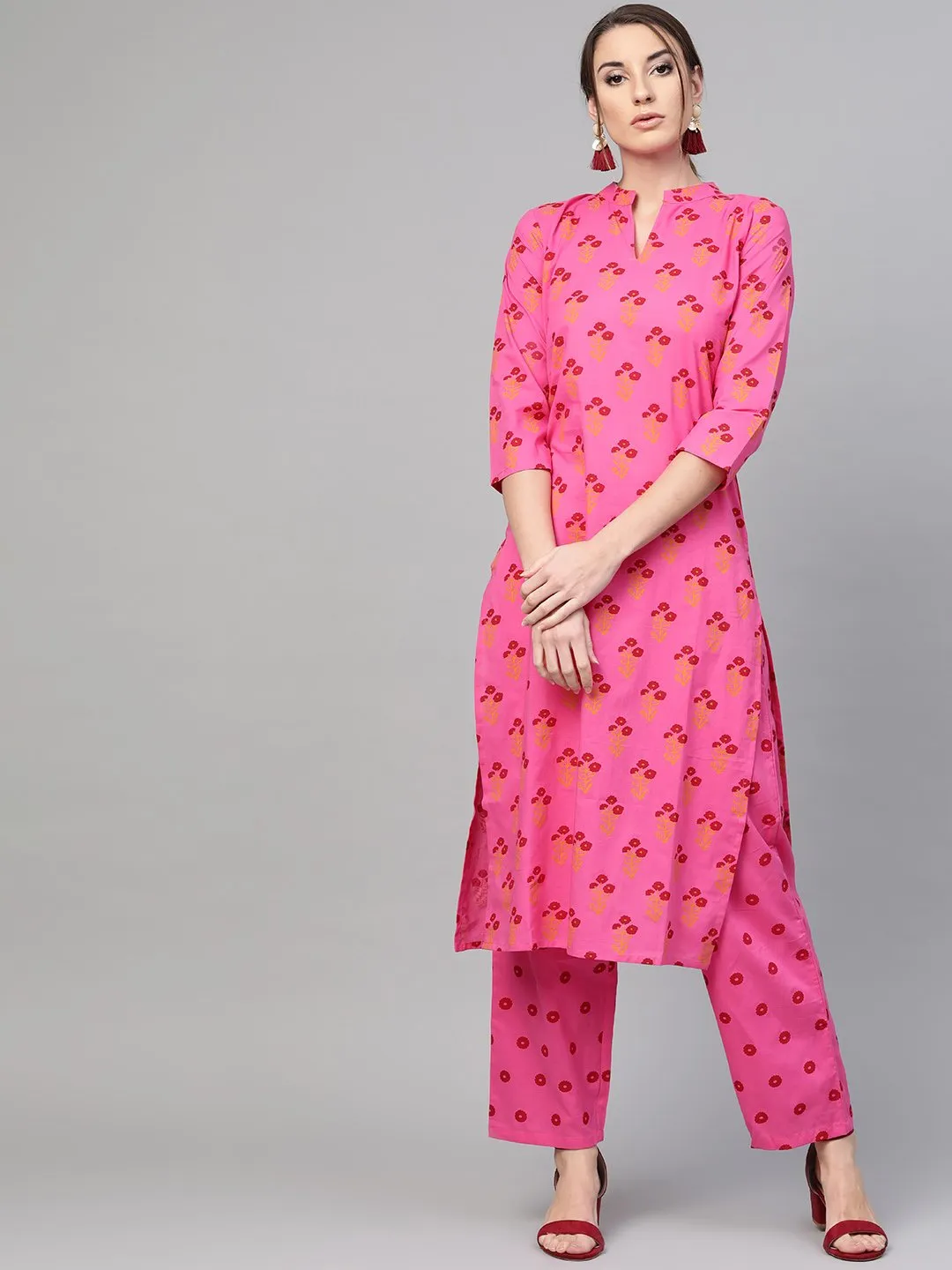 Pink Printed Cotton Kurta Set With Straight Pant