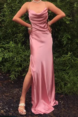 Pink Prom Dresses Sexy Mermaid Cowl Neck Spaghetti Straps Prom Dress