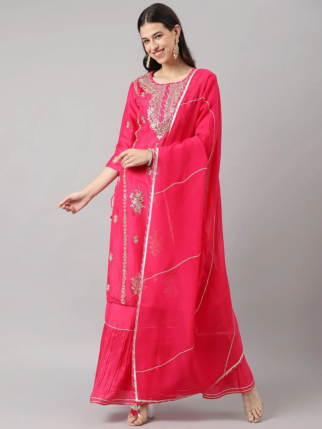 Pink Russian Silk Hand Embroidery Kurta Sharara With Organza Dupatta