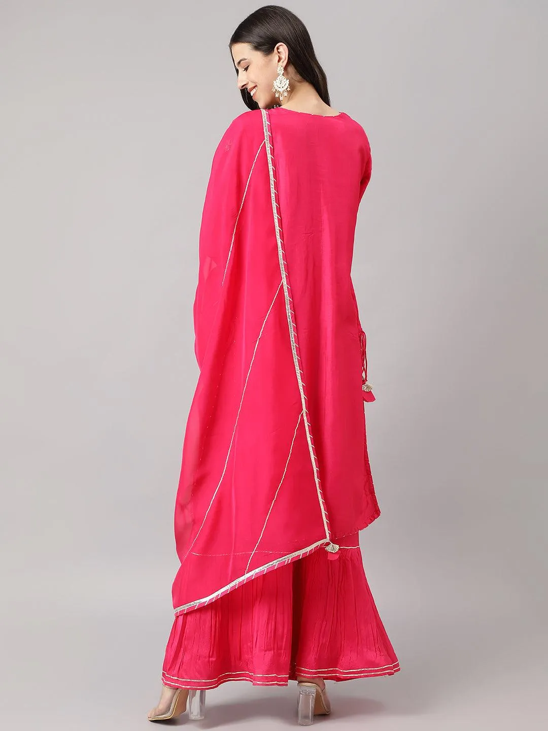 Pink Russian Silk Hand Embroidery Kurta Sharara With Organza Dupatta