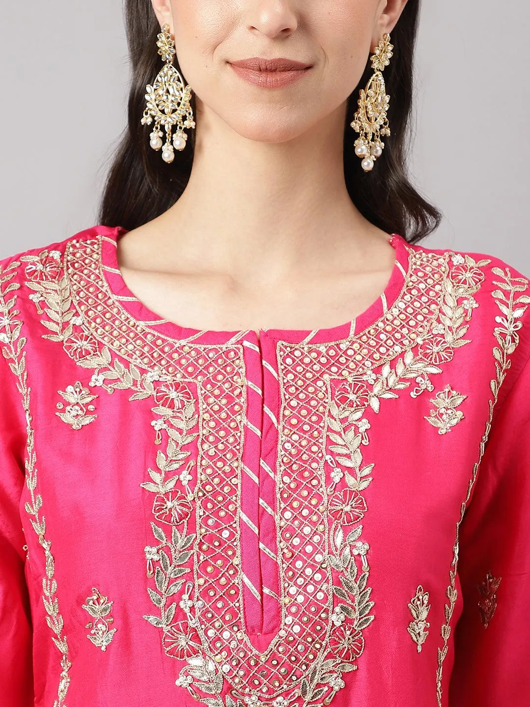 Pink Russian Silk Hand Embroidery Kurta Sharara With Organza Dupatta