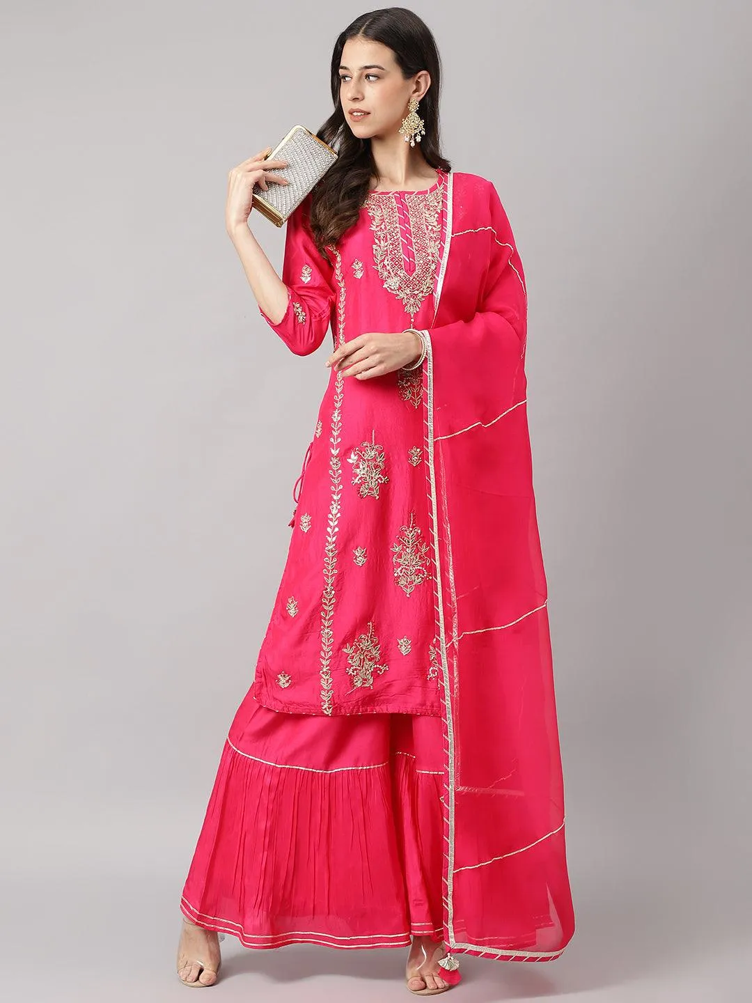 Pink Russian Silk Hand Embroidery Kurta Sharara With Organza Dupatta