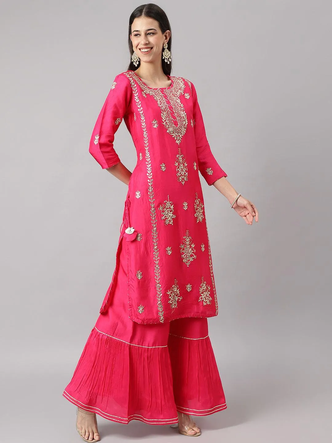 Pink Russian Silk Hand Embroidery Kurta Sharara With Organza Dupatta