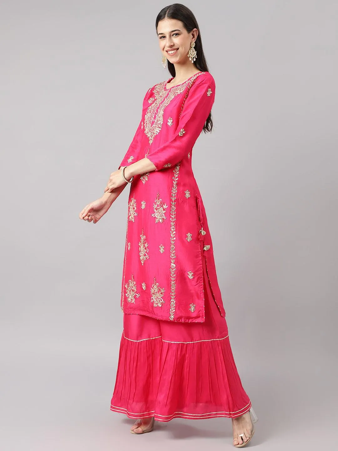 Pink Russian Silk Hand Embroidery Kurta Sharara With Organza Dupatta