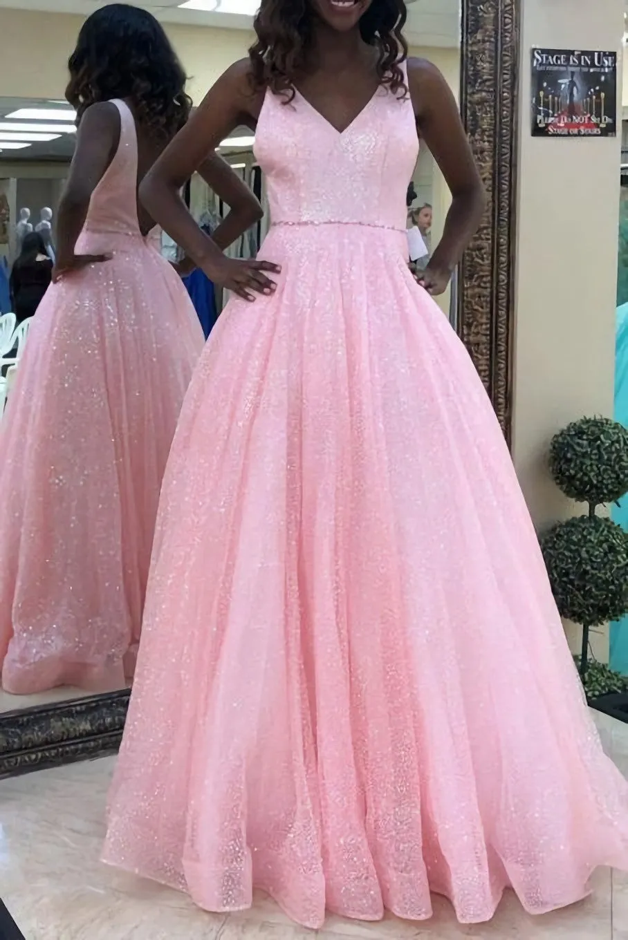 Pink Sleeveless Prom Dresses Sparkle V-Neck Long Formal Gown