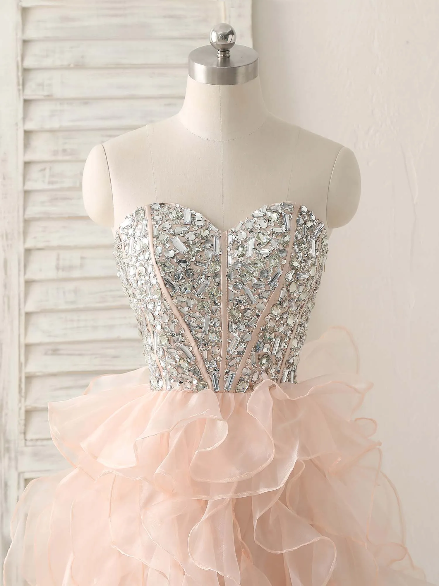 Pink Sweetheart Neck Rhinestones Organza Prom Dress Pink Homecoming Dresses