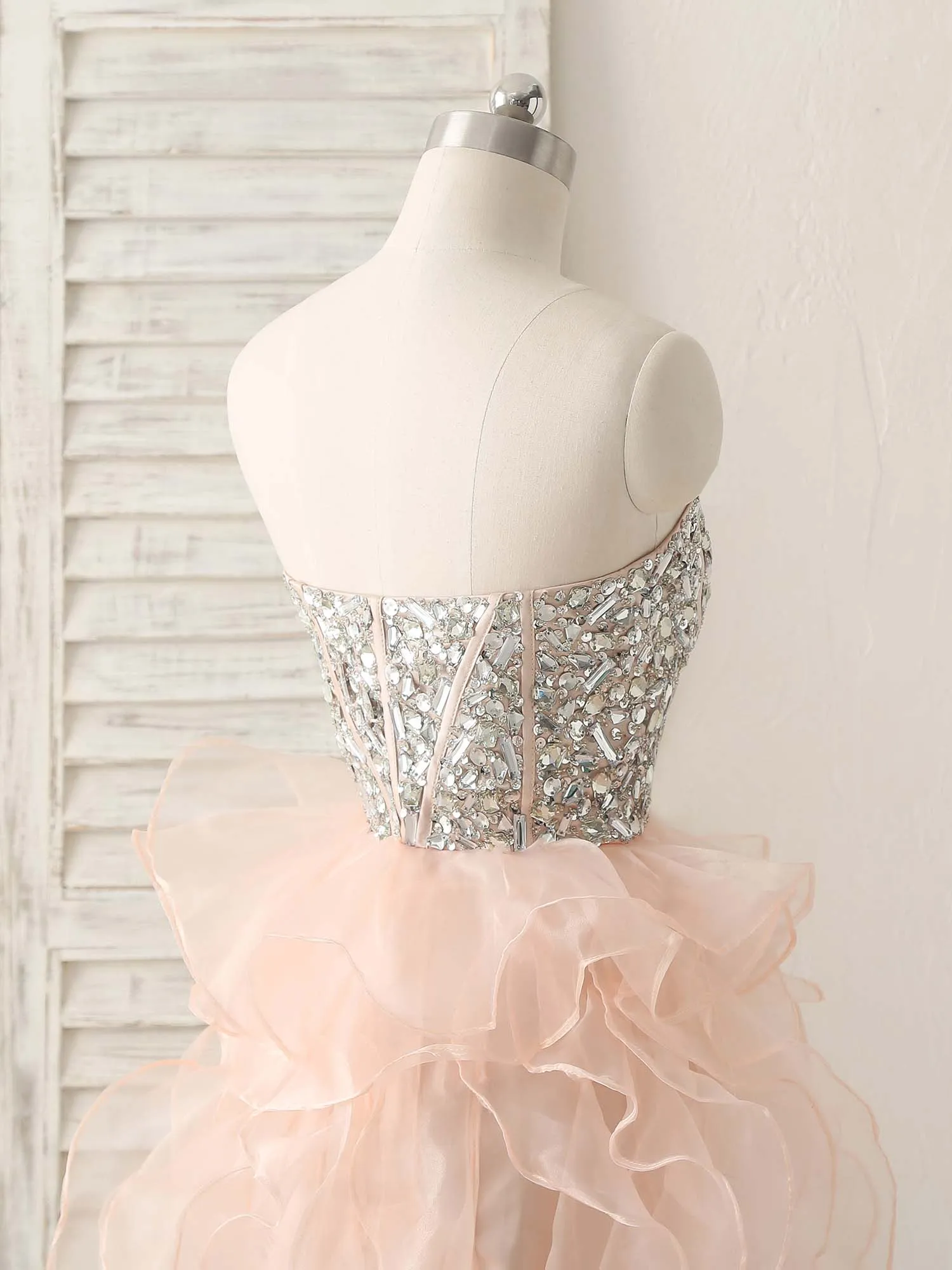 Pink Sweetheart Neck Rhinestones Organza Prom Dress Pink Homecoming Dresses