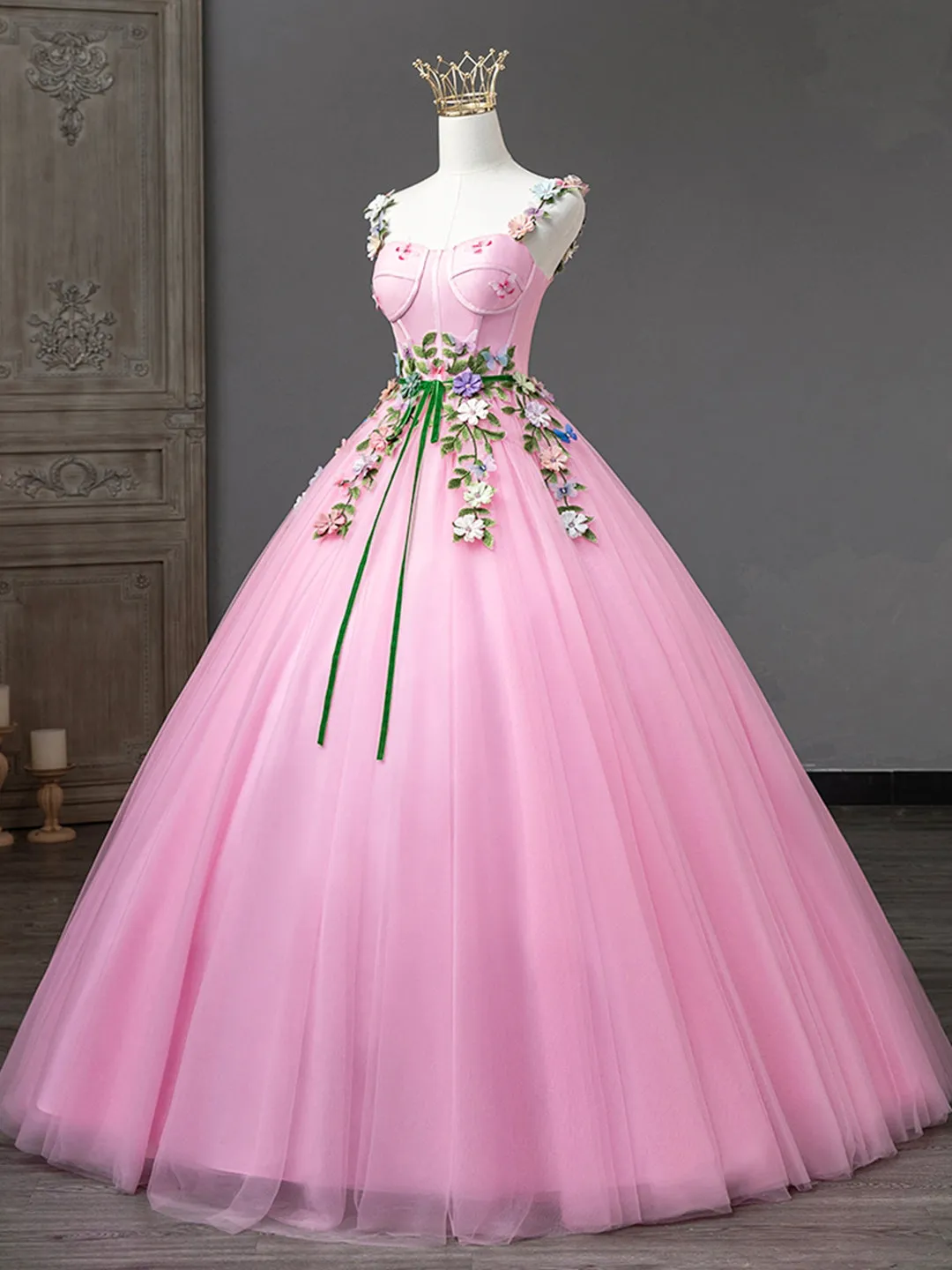 Pink Tulle Flower Long Prom Dresses Lovely Spaghetti Formal Dresses Sweet 16 Dresses