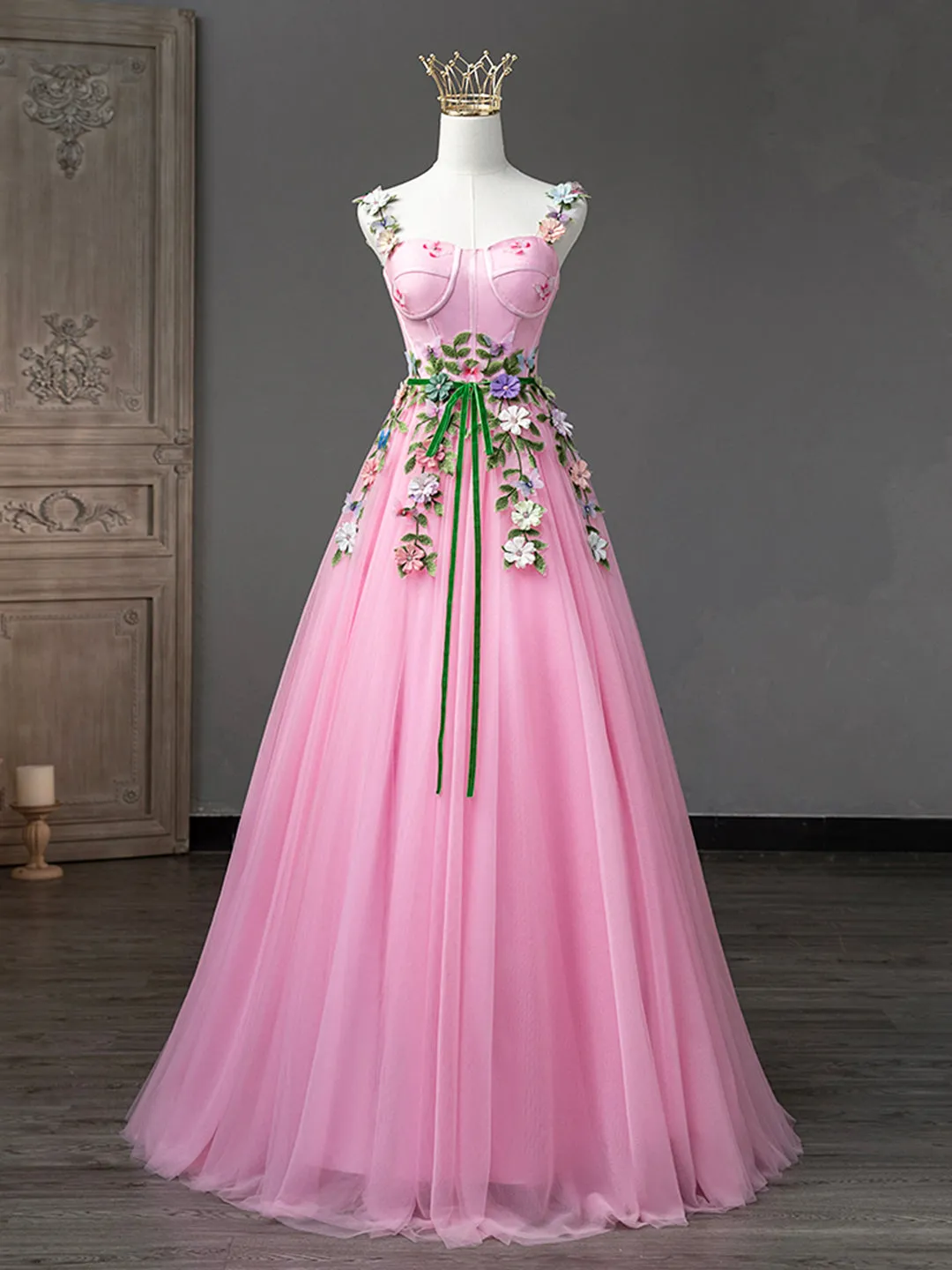 Pink Tulle Flower Long Prom Dresses Lovely Spaghetti Formal Dresses Sweet 16 Dresses